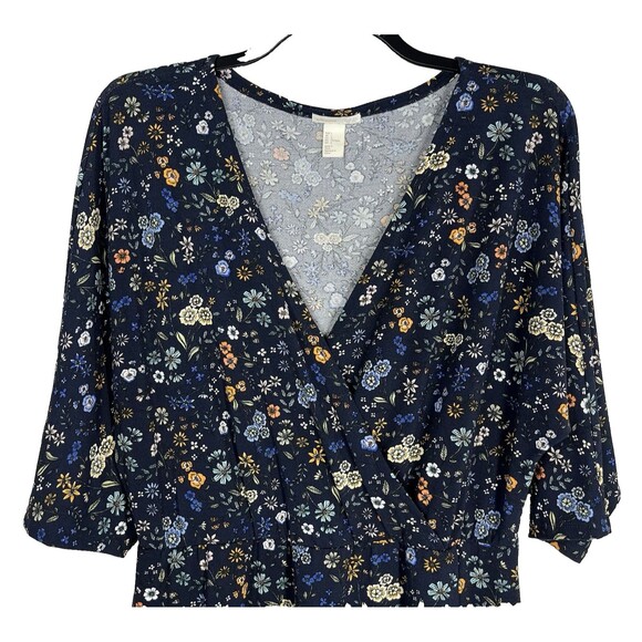 H&M Women Size Large Blue Floral Print Jersey Wrap Dress 3/4 Sleeve Stretchy - Picture 7 of 9